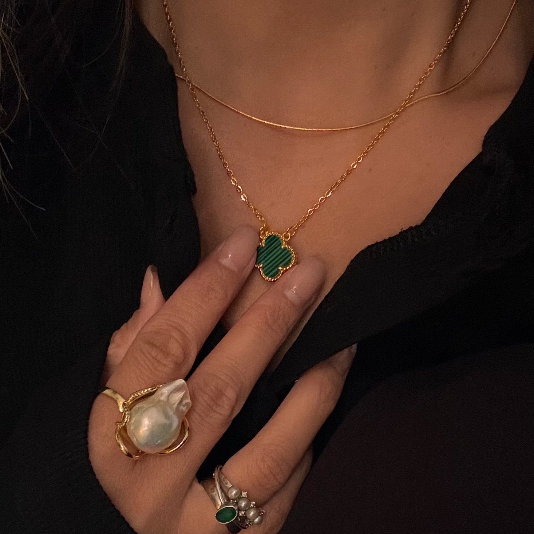 Four Leaf Clover necklace with green Malachite/ Halskæde - AD Jewellery Copenhagen