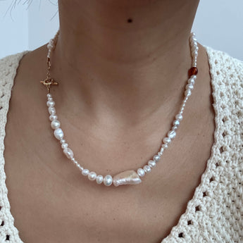 One-of-a-kind freshwater pearl and amber bead necklace designed in Copenhagen with OT lock closure