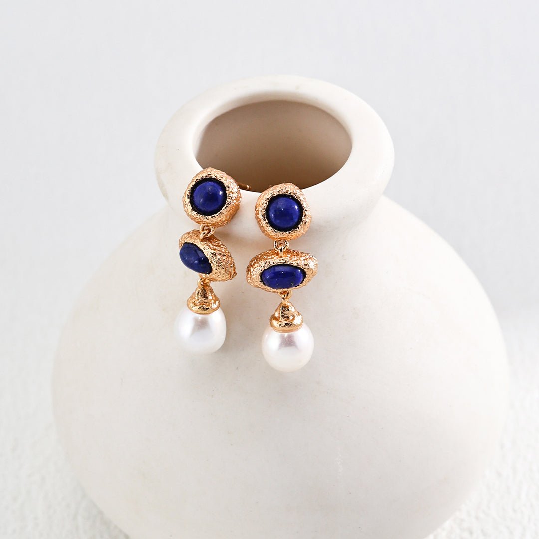 Gold Lapis Pearl Earrings - AD Jewellery Copenhagen