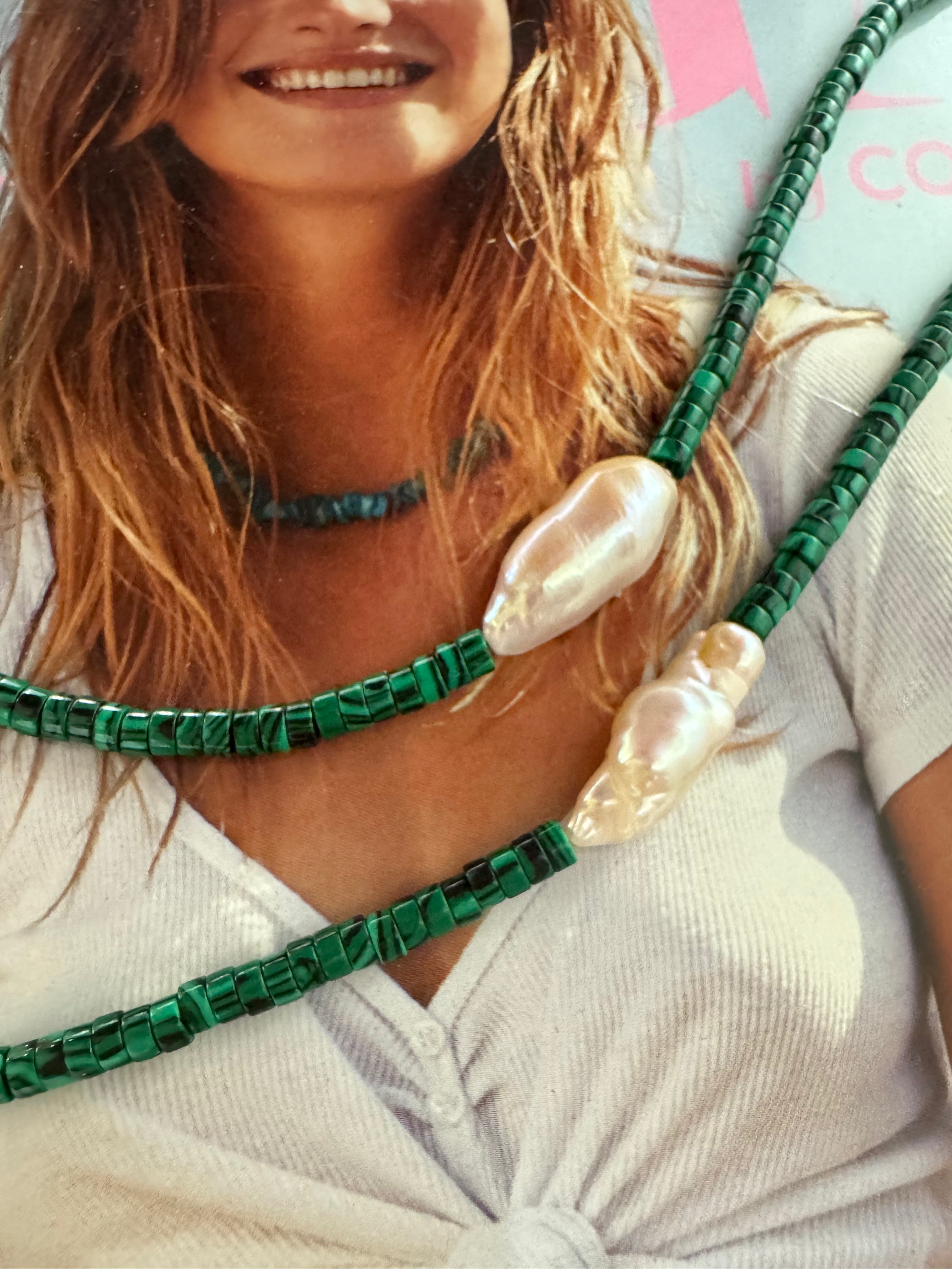 Deep green malachite stone (symbol of hope) and irregular freshwater pearl set on a 14k gold-filled chain, showcasing handmade Danish craftsmanship