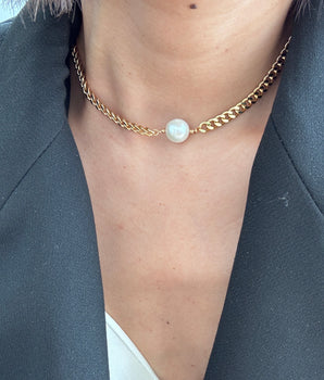 Chunky 18k gold over steel Cuban chain choker with one 19mm freshwater pearl.