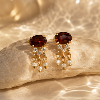 Red Garnet Dainty Drop Earrings with Pearl -January Birthstone - AD Jewellery Copenhagen