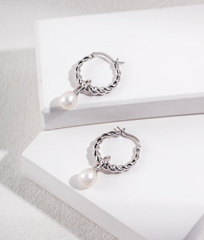 Delicate Sterling Silver hoop earrings with 7mm freshwater pearl, Minimalist calming jewelry