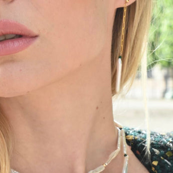 Birch AB earrings with 2 cm raw long pearls, jade. Handmade in Copenhagen by Diana.