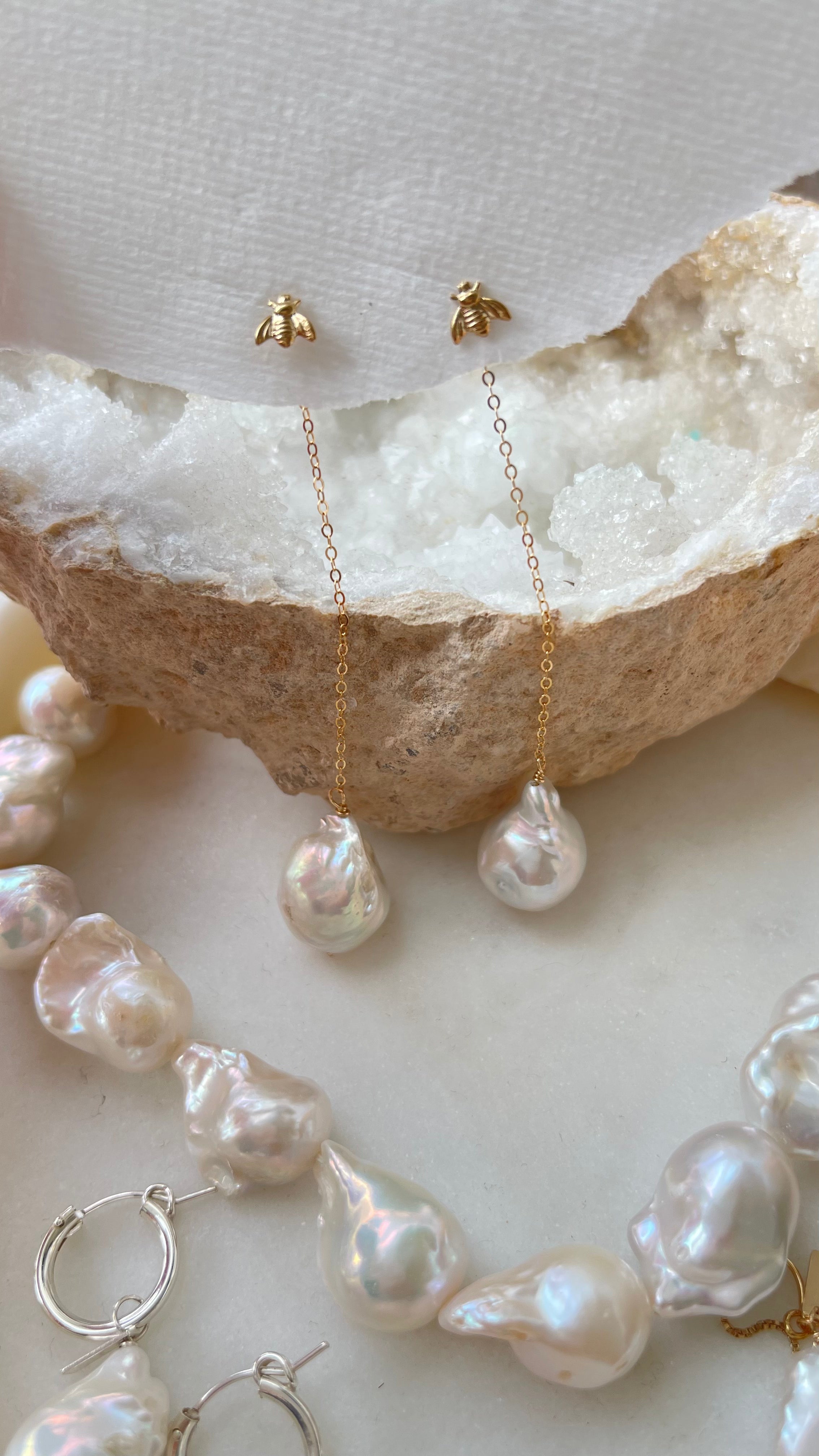 Baroque Pearl Chain Earrings with Honey Bee Studs - Milan - AD Jewellery Copenhagen