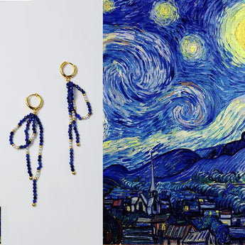 Starry Night handcrafted lapis lazuli and crystal pearl long drop hoop earrings in Copenhagen