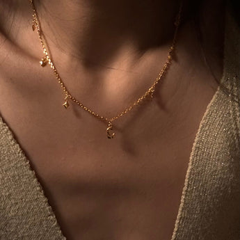 Delicate moon and stars pendant necklace worn alone on neck, 18k gold plated sterling silver, minimalist everyday jewelry