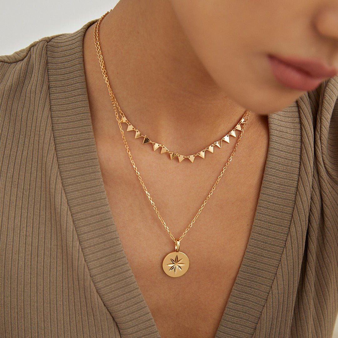 Nordic serrated necklace worn with pendant Necklace, embodying understated elegance for everyday wear