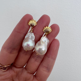 Handcrafted in Denmark baroque pearl earrings with gold seashell tag gold plated on silver stylish ocean spirit