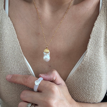 Handcrafted in Denmark ocean spirit baroque pearl necklace and earrings set with gold seashell tag gold plated on silver