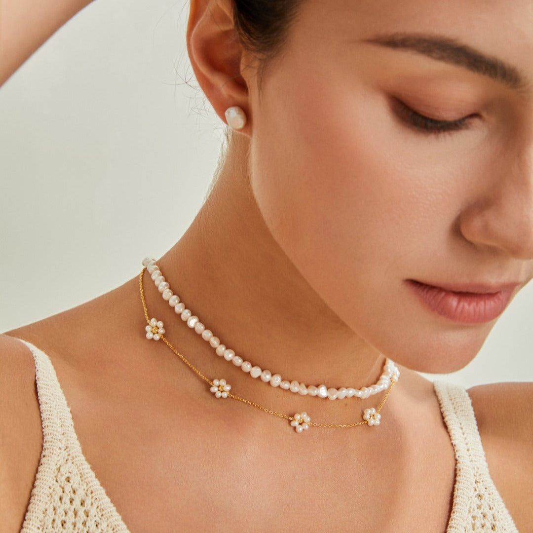 Sunflower pearl necklace paired with a linen dress for effortless summer style, adjustable 16-inch length