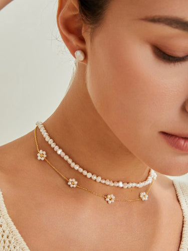 Sunflower pearl necklace paired with a linen dress for effortless summer style, adjustable 16-inch length