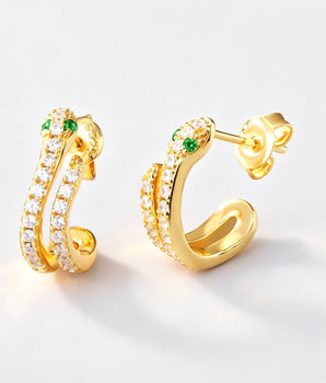 Serpent Twin Hoop Earrings –Green Eye Zirconia Snake Design