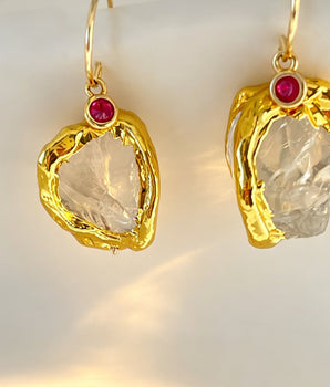 Raw Quartz Healing Earrings – Green or Red Zircon, Handmade in Copenhagen
