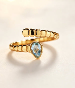 Gold Plated Sterling Silver Snake Ring with Blue Topaz – Open Adjustable Serpent Ring