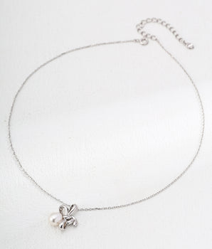 Elegant Ophelia pearl bow necklace on Silver Chain 