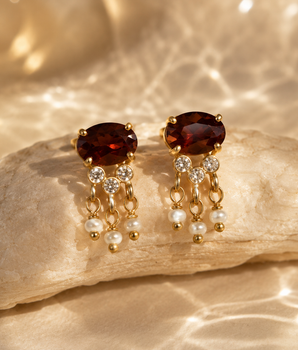 Red Garnet Dainty Drop Earrings with Pearl -January Birthstone - AD Jewellery Copenhagen