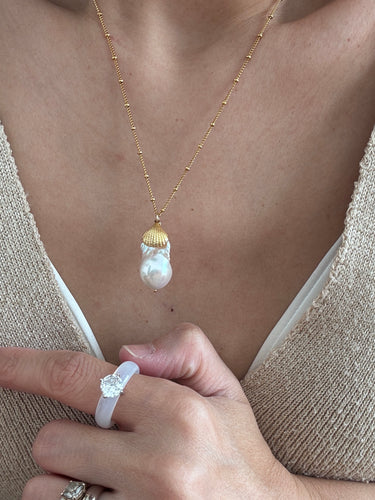 Handcrafted in Denmark ocean spirit baroque pearl necklace and earrings set with gold seashell tag gold plated on silver