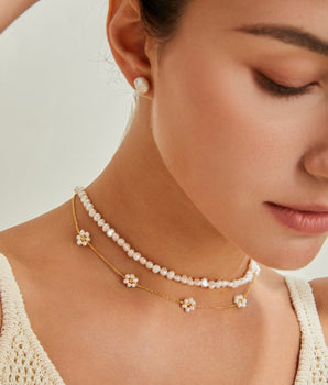 Sunflower pearl necklace paired with a linen dress for effortless summer style, adjustable 16-inch length