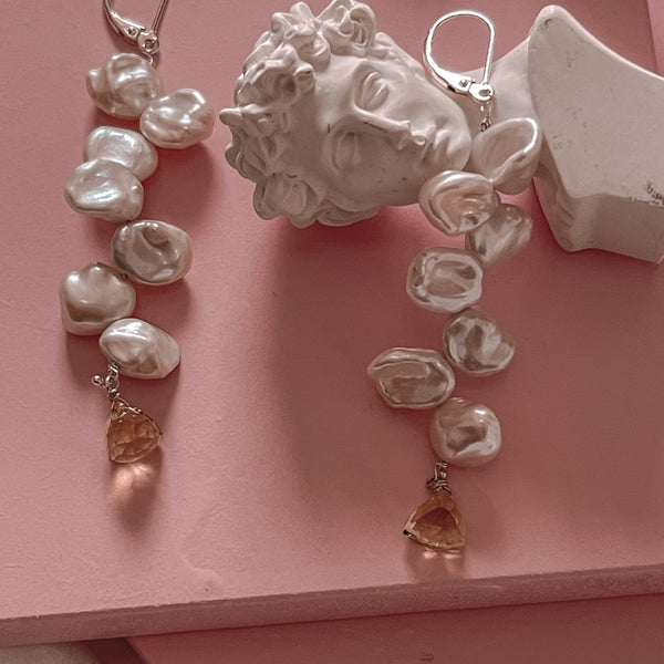 Kenzie Pearl Petals Silver Earrings  with  Lemon quartz pyramids