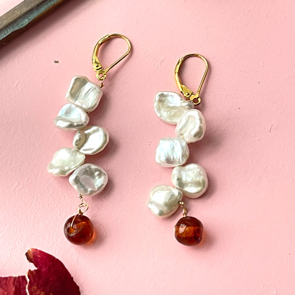 Kenzie Pearl Petals Earrings with natural amber stone