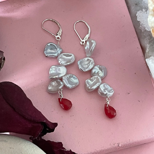 Kenzie Pearl Petals Earrings  with teardrop red jade