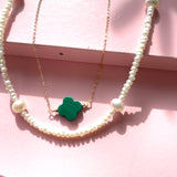 Four  Leaf Clover necklace with green Malachite/ Halskæde