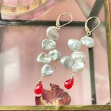 Kenzie Pearl Petals Earrings  with teardrop red jade
