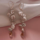 Kenzie Pearl Petals Silver Earrings  with  Lemon quartz pyramids