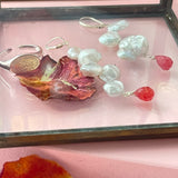 Kenzie Pearl Petals Earrings  with teardrop red jade